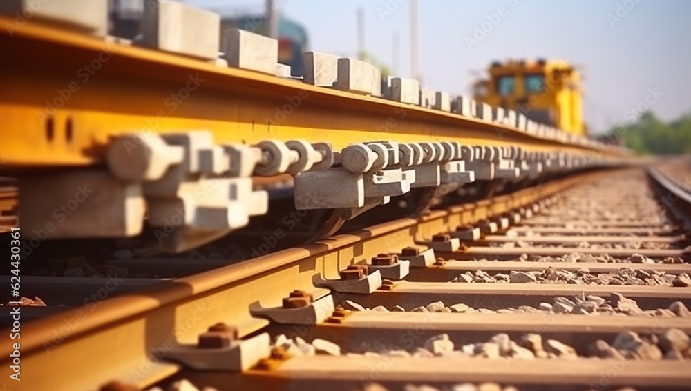Railway or railroad construction site, railroad track installation machine is in use - Perspective view of Concrete railroad ties in railway construction site. Generative AI