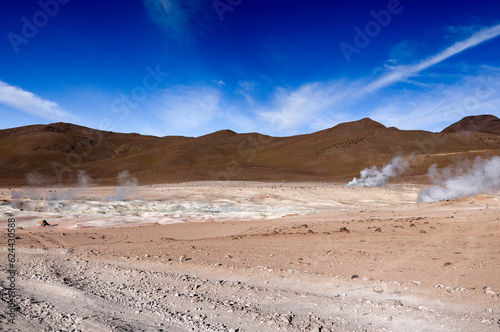 Stunning geothermic field of Sol de Ma  ana with its steaming geysers and hot pools with bubbling mud - just one sight on the lagoon route in Bolivia  South America