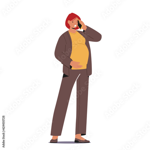 Pregnant Businesswoman Speaks On Her Phone, Female Character with Big Belly Effortlessly Managing Work
