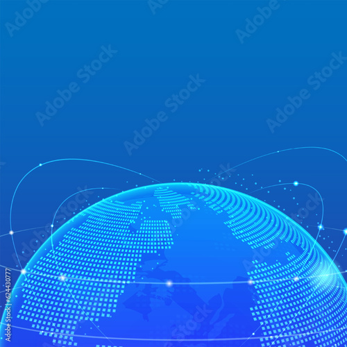 Blue futuristic global network connection with earth planet with data oval line communication vector background.