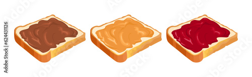 Set of toasts with chocolate spread, peanut butter and berry jam. Vector cartoon illustration.