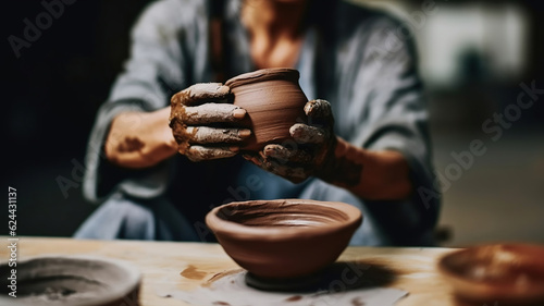 A female ceramist showing handmade pot while sitting in art workshop. Generative AI