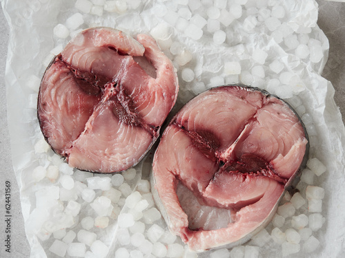 Photography fresh slices of raw white tuna fish (Thunnus alalunga) called bonito del norte in Spain