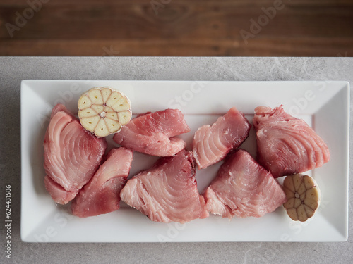 Fresh raw white tuna, bonito del norte, fillets in chunks for the 