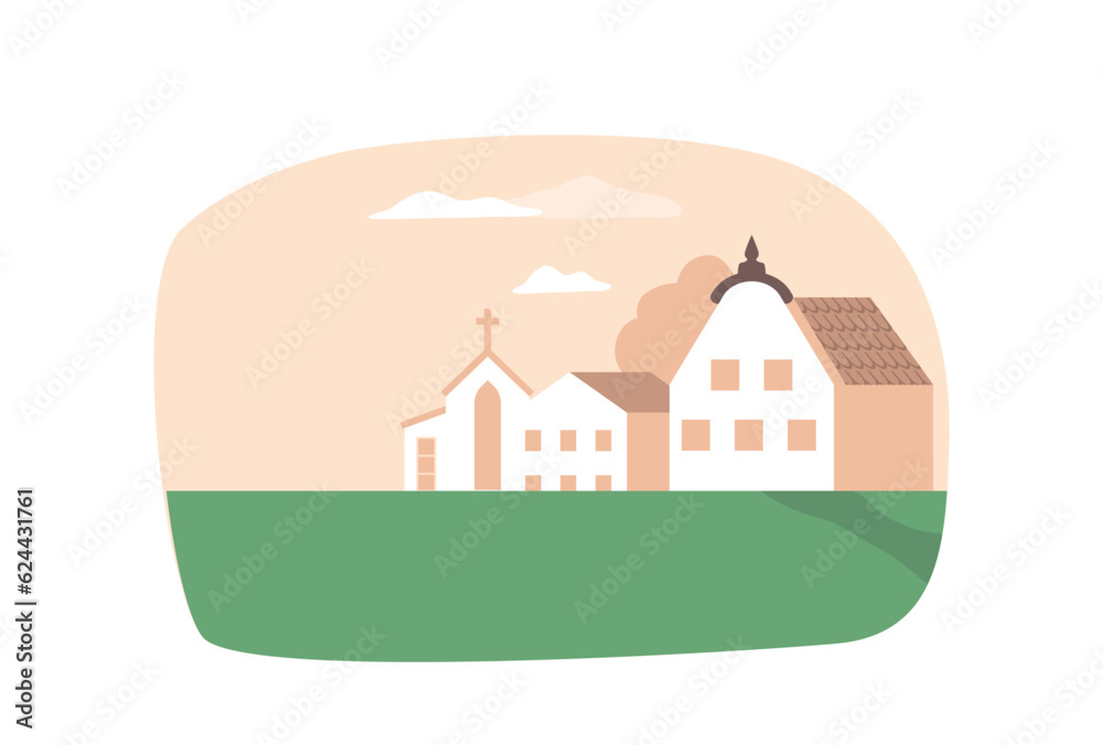 Idyllic Countryside Scene Featuring A Picturesque Catholic Church And Charming Cottage Nestled Within A Serene Landscape Idyllic Countryside Scene Featuring A Picturesque Catholic Church And Charming Cottage Nestled Within A Serene Landscape
