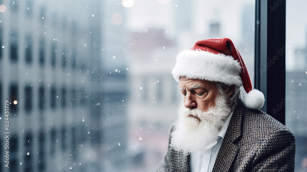 Profile photo of sad Santa Claus against a city view. Christmas portrait of old man standing next to window with skyscrapers in background. Profile photo of sad Santa Claus against a city view. Christmas portrait of old man standing next to window with skyscrapers in background.