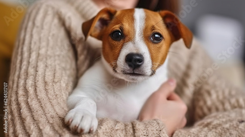 Adorable jack russell terrier pup sitting with its female owner. Generative AI