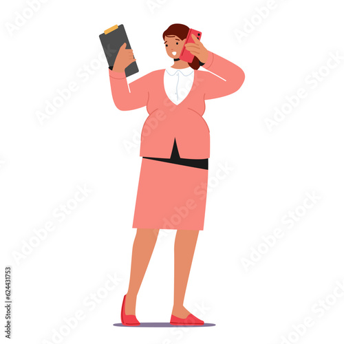 Multitasking Pregnant Businesswoman Character Effortlessly Speaks On Her Phone, Skillfully Managing Work