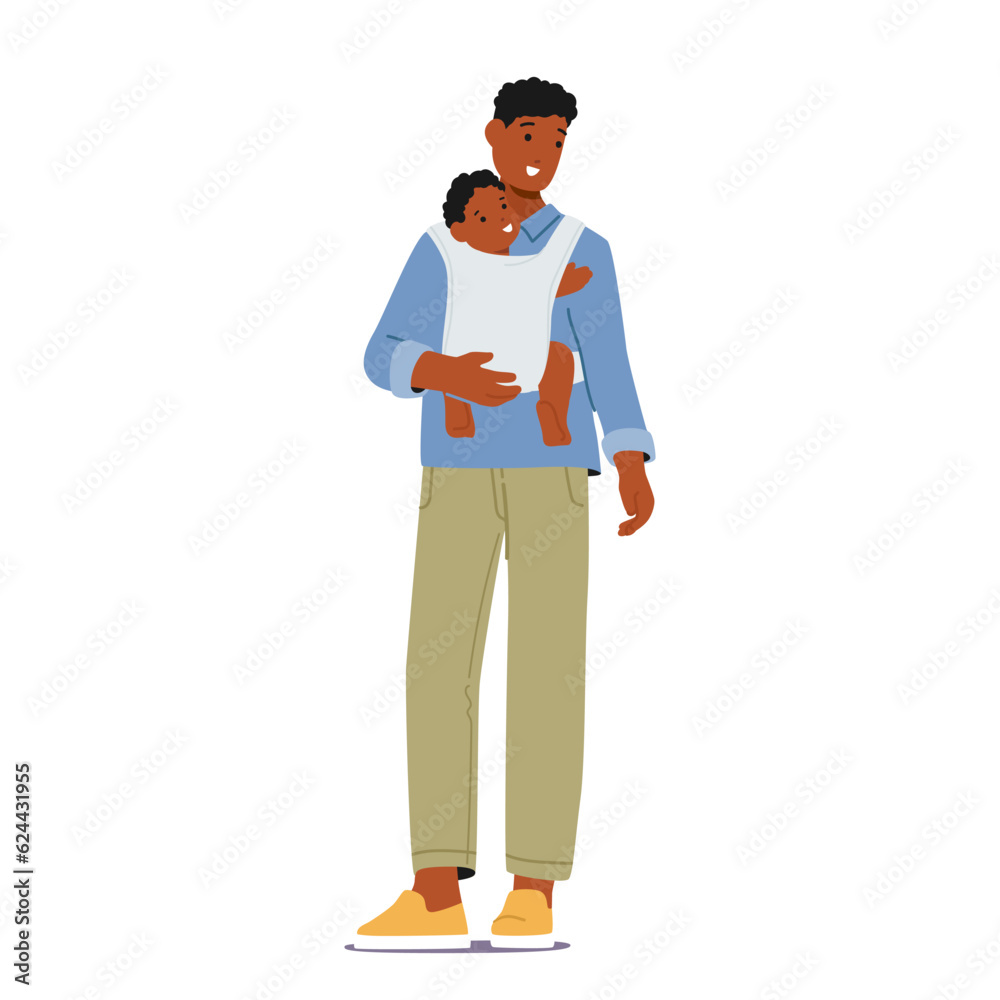 Caring African American Father Character Embraces His Baby In A Sling, Allowing For Convenient Hands-free Mobility Caring African American Father Character Embraces His Baby In A Sling, Allowing For Convenient Hands-free Mobility