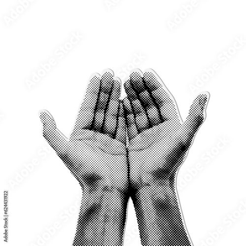 Retro halftone Collage element with two hands and cutout paper shape. Vintage vector realistic illustration.