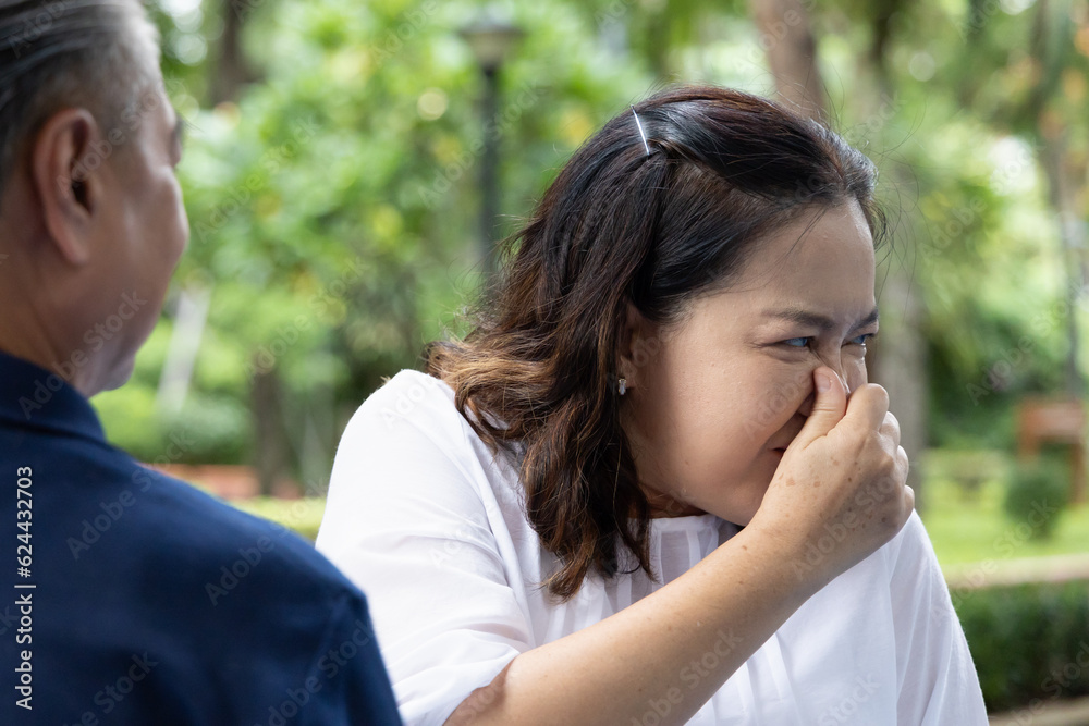 Senior Asian Couple, Unpleasant Breath Problem and Disgust Concept Senior Asian Couple, Unpleasant Breath Problem and Disgust Concept