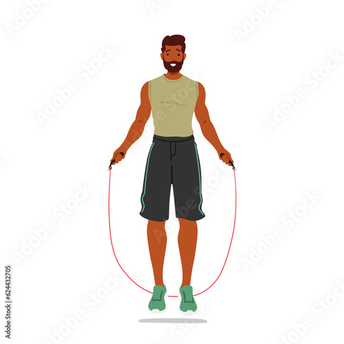 Fit Man Jumps Rope With Precision. Male Character Executing Quick And Controlled Movements, Vector Illustration