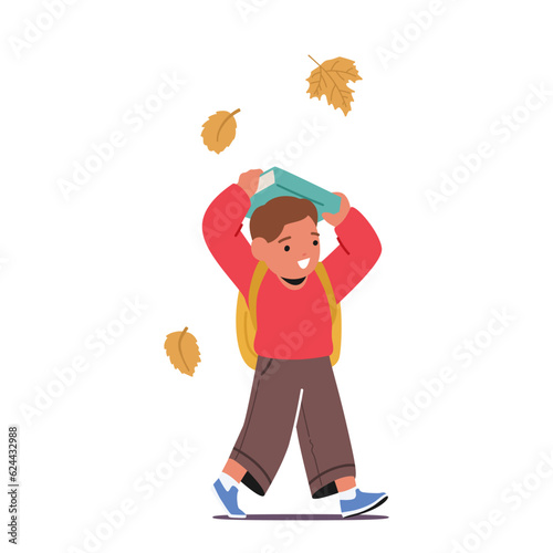 Child Walks With Book Over The Head. Young Boy Hurry To School, Take Steps With A Book In Hands, Embodying Curiosity