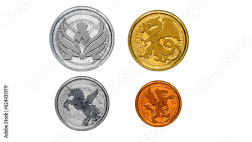 Four Fantasy Coins Gold Silver Platinum Copper
