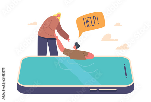 Mother Character Help To Child Drowning In Smartphone Screen. Parental Involvement In Children Online Activities