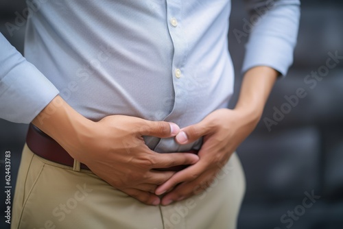 Man hand holding his bottom because having abdominal pain and hemorrhoids. 