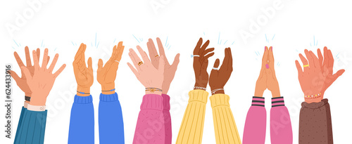 Human hands applauding. Cartoon applause hands, people clap their hands, greeting or ovation gesture flat vector illustration set. Clapping hands
