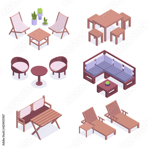 Garden furniture. Isometric table, chairs, bench and sunbed. Terrace or backyard furniture 3d vector illustration set. Comfortable garden furniture