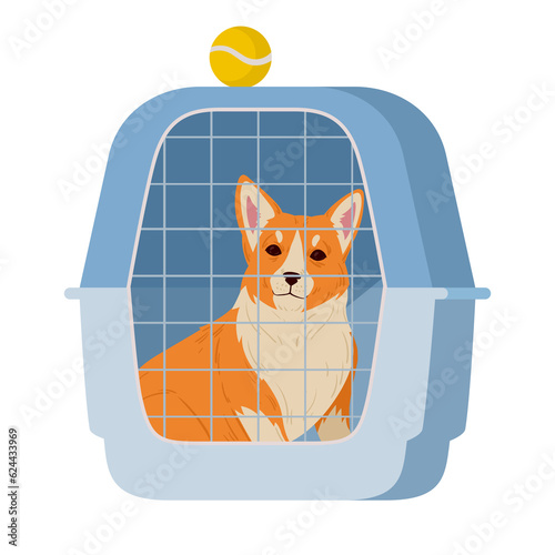 Cartoon corgi in dog cage. Dog help adoption shelter or pet shop, pembroke welsh corgi puppy in dog hotel flat vector illustration