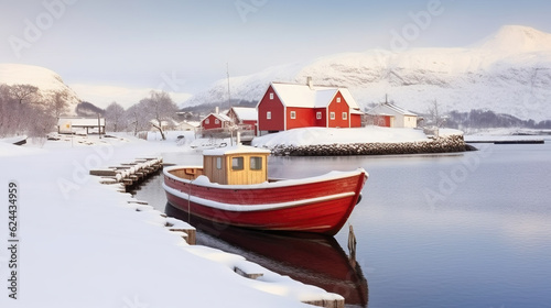 Red wooden boat covered with layers of snow, Beautiful winter landscape, Generative AI