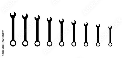 Spanner wrench icon set. Vector hand wrench spanner mechanical repair workshop key symbol tool service.