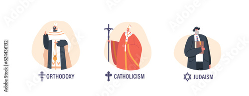 Religious Ministers Of Judaism, Catholicism And Orthodoxy. Devoted Characters Who Provide Spiritual Guidance