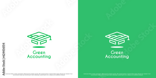 Green accounting education logo design illustration. Creative abstract silhouette gown hat shadow growth chart nature simple modern minimalist. Financial nature business education icon symbol.