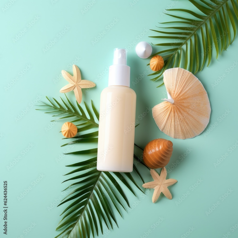 Sunscreen spray bottle. Bottle with sun protection cream and sea shells with tropical green leaf on color background, top view. Generative AI.