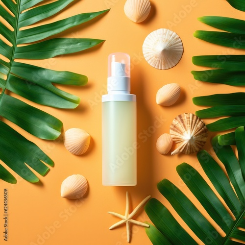 Sunscreen spray bottle. Bottle with sun protection cream and sea shells with tropical green leaf on color background, top view. Generative AI.