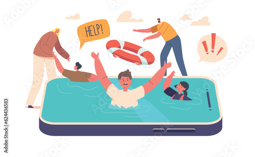 Information Security of Kids Concept. Parents Throws Lifebuoy To Children Drowning In Smartphone Screen