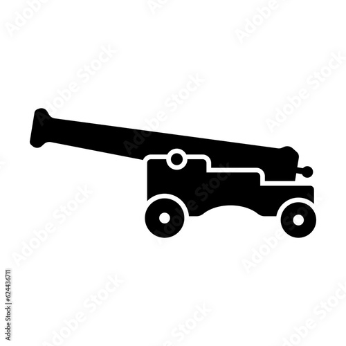 Old gun icon. Ship cannon. Black silhouette. Side view. Vector simple flat graphic illustration. Isolated object on a white background. Isolate.