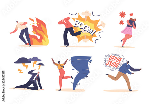 Set of Characters Escape, Fleeing In Fear, Seeking Safety From Fire, Explosion, Virus or Lightning Bolts, Tornado
