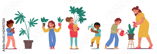 Children Care For Houseplants By Providing Water, Sunlight. Kids Characters Learn Responsibility, Vector Illustration