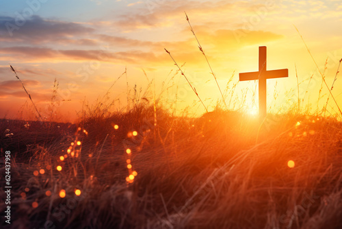Fotobehang silhouette christian cross on grass in sunrise