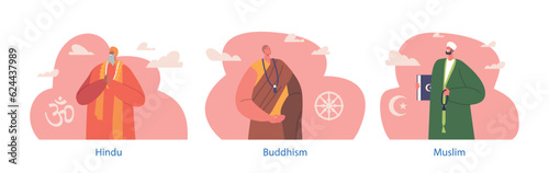 Buddhism and Hindu Religious Ministers, Dedicated Characters Who Providing Spiritual Guidance, Vector Illustration
