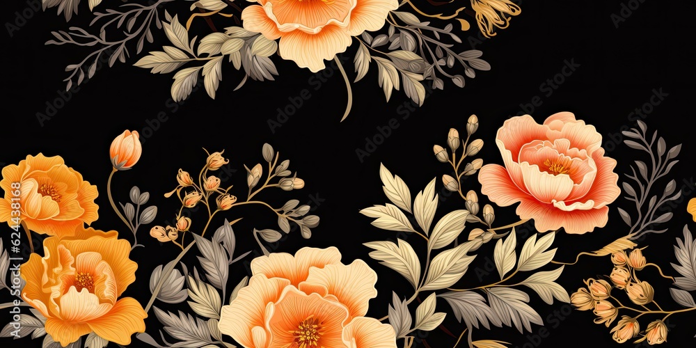 Marigold, Rose, Peony Flowers  illustration features a vintage floral embroidery seamless pattern with marigold Mexican Embroidery Generative Ai Digital Illustration