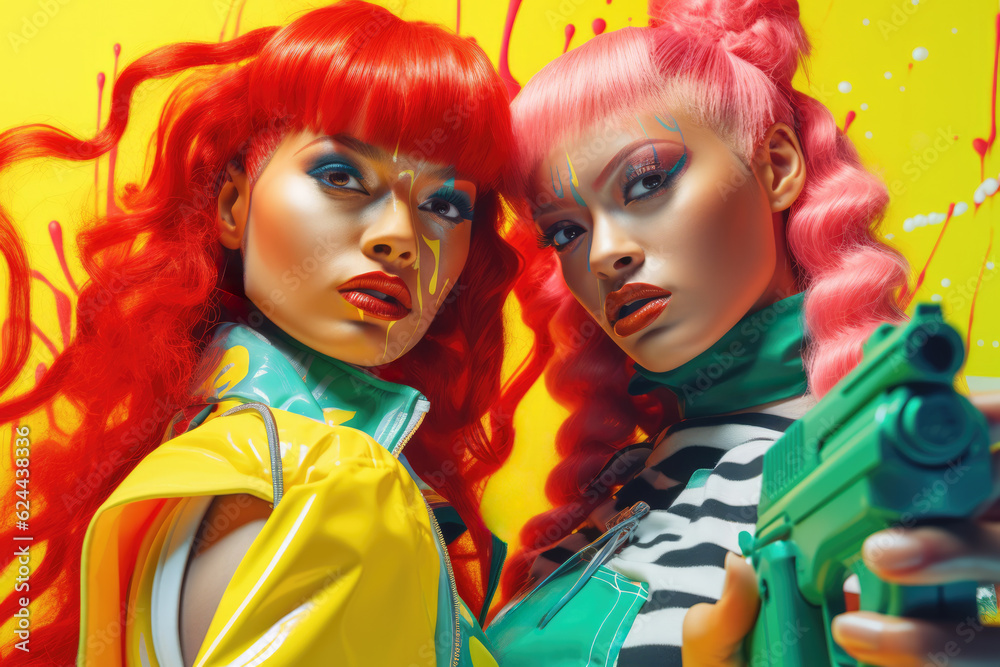 Two women with colorful hair in colorful latex outfits holding water guns. Generative AI