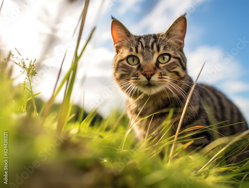 Cat in the grass at sunset,created with generative ai tecnology.