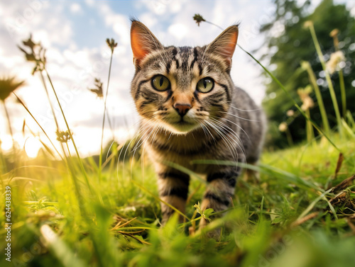 Cat in the grass at sunset,created with generative ai tecnology. © henvryfo