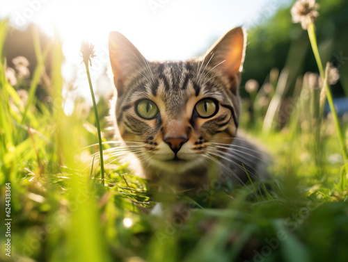 Cat in the grass at sunset,created with generative ai tecnology.