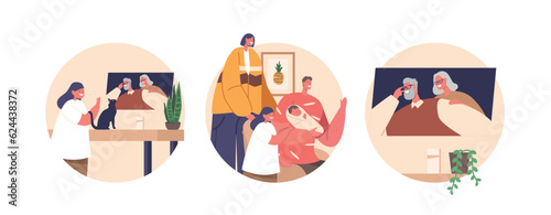 Isolated Round Icons Of New Parents Characters Connect With Grandparents Via Video Conference To Share Newborn