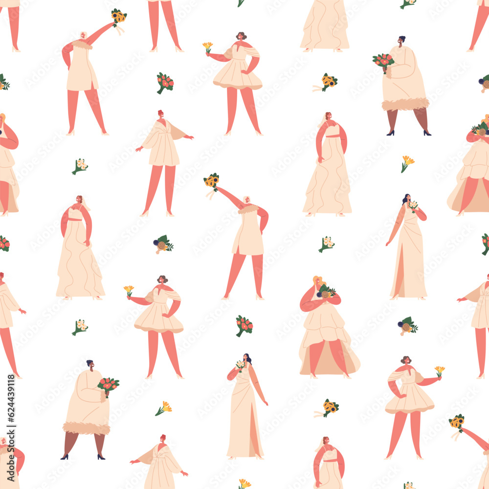 Seamless Bridal Pattern, A Charming And Elegant Design Featuring Brides In Various Poses And Wedding Attire