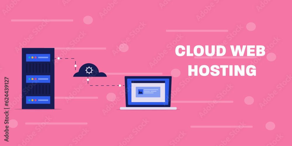 Cloud hosting service. Company offering cloud servers. Web hosting service. Cloud based web hosting. Vector illustration background