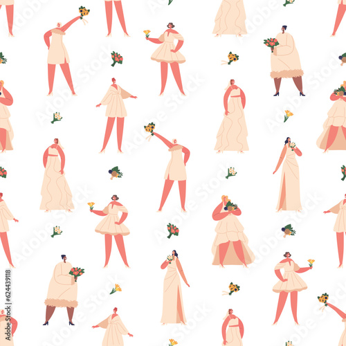 Seamless Bridal Pattern, A Charming And Elegant Design Featuring Brides In Various Poses And Wedding Attire