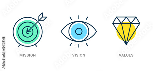 Mission target goal strategy concept. Vision eye line vector business view pictogram design. Corporate diamond success illustration.
