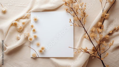 Blank paper sheet card with mockup copy space and dry floral branch and blanket cloth on neutral beige background. wedding invitation, Blurry background, template, Bokeh, Copy Space, Generative AI