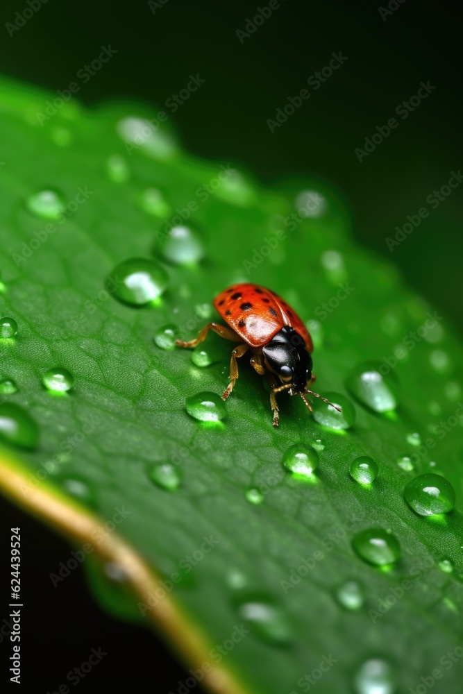 Fototapeta premium close-up of a ladybug on a green leaf, created with generative ai