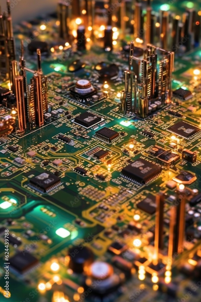 Obraz premium close-up of circuit board with glowing led lights, created with generative ai