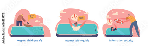 Isolated Elements With Information Security Of Kids Scenes. Parents Saving Children Drowning In Smartphone Screen