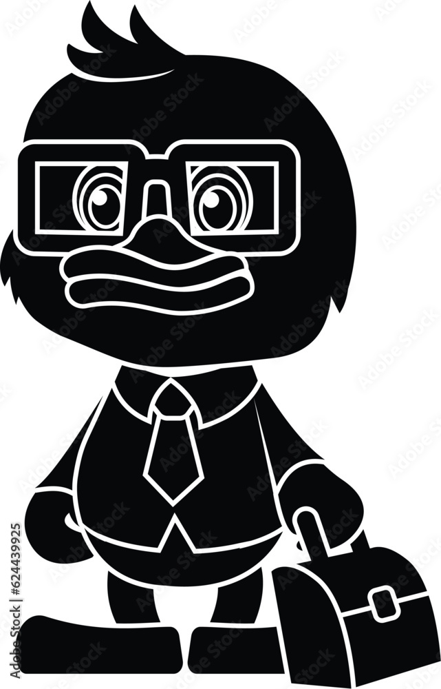Black and White Cartoon Illustration Vector of a Cartoon Baby Duck Duckling in a Business Suit with Briefcase